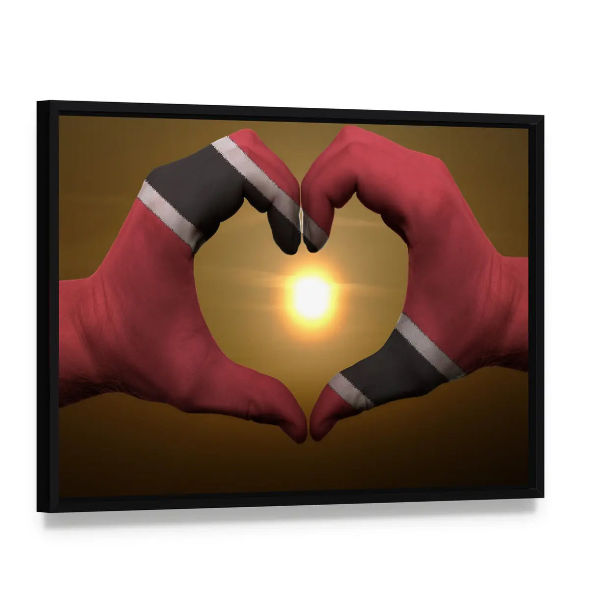 Trinidad and Tobago Flag Hands Canvas Wall Art, framed canvas in a black floater frame, angled product view
