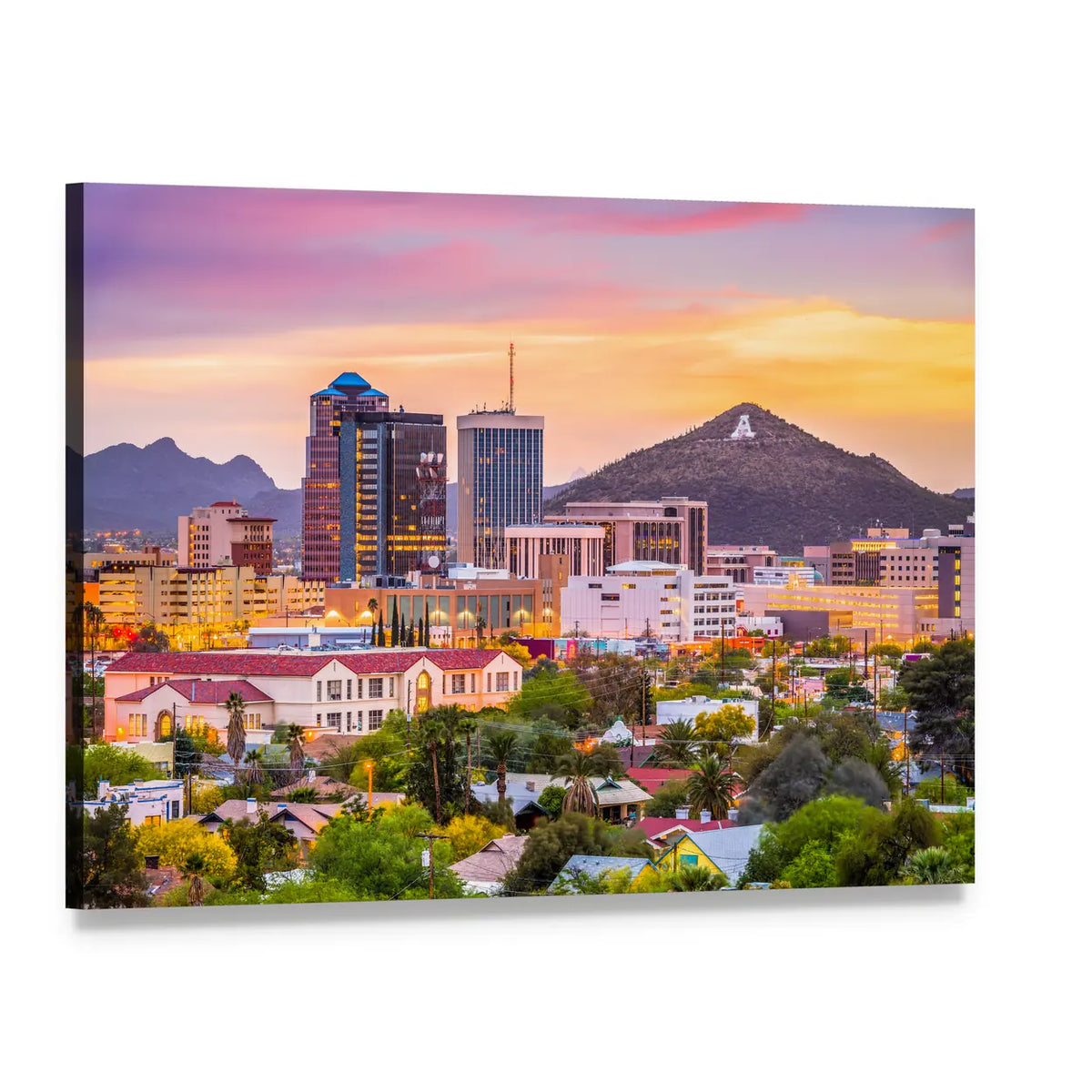 Tucson Skyline In Arizona Canvas Wall Art, single panel gallery wrapped canvas, angled product view