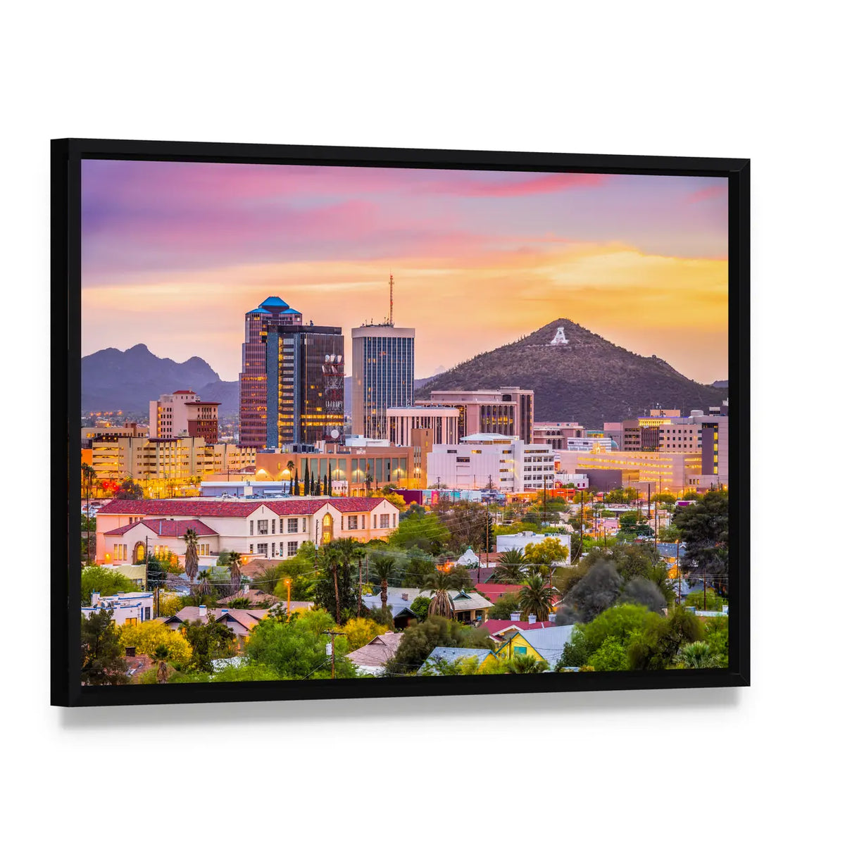 Tucson Skyline In Arizona Canvas Wall Art, framed canvas in a black floater frame, angled product view