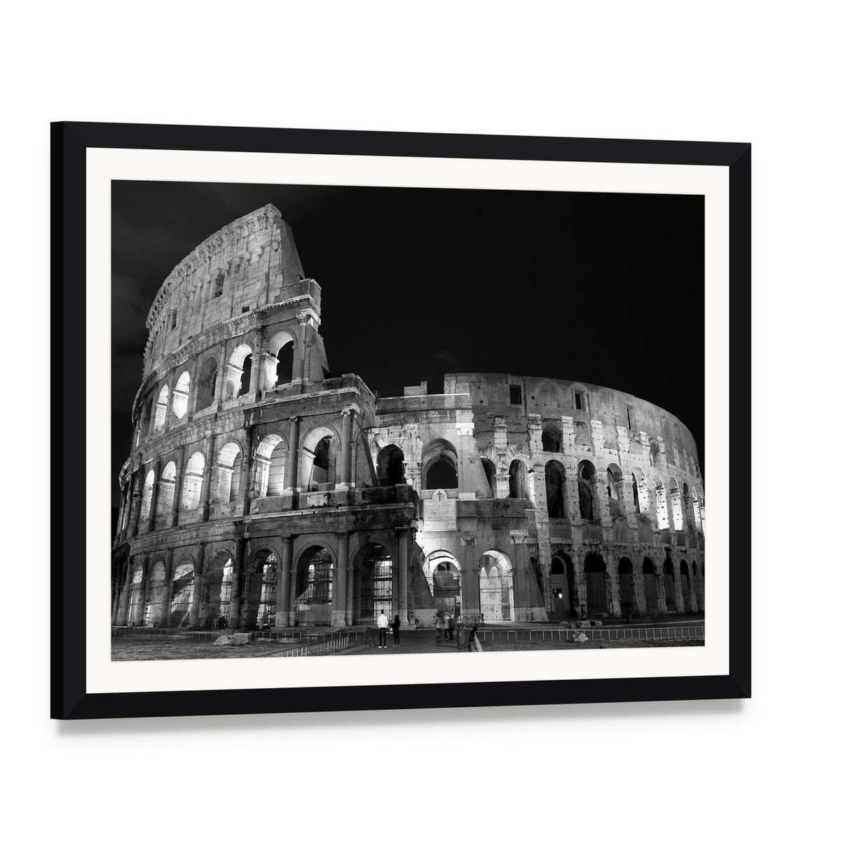 Nighttime Colosseum in Black and White Canvas Wall Art, framed print with white mat and black frame, angled product view