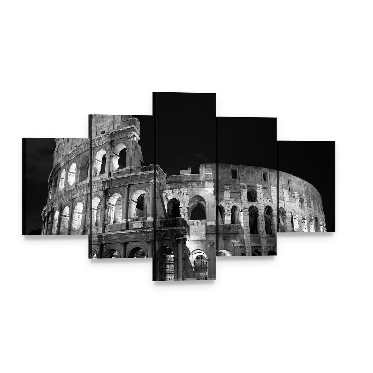 Nighttime Colosseum in Black and White Canvas Wall Art, 5 panel 5 Star layout gallery wrapped canvas set, angled product view
