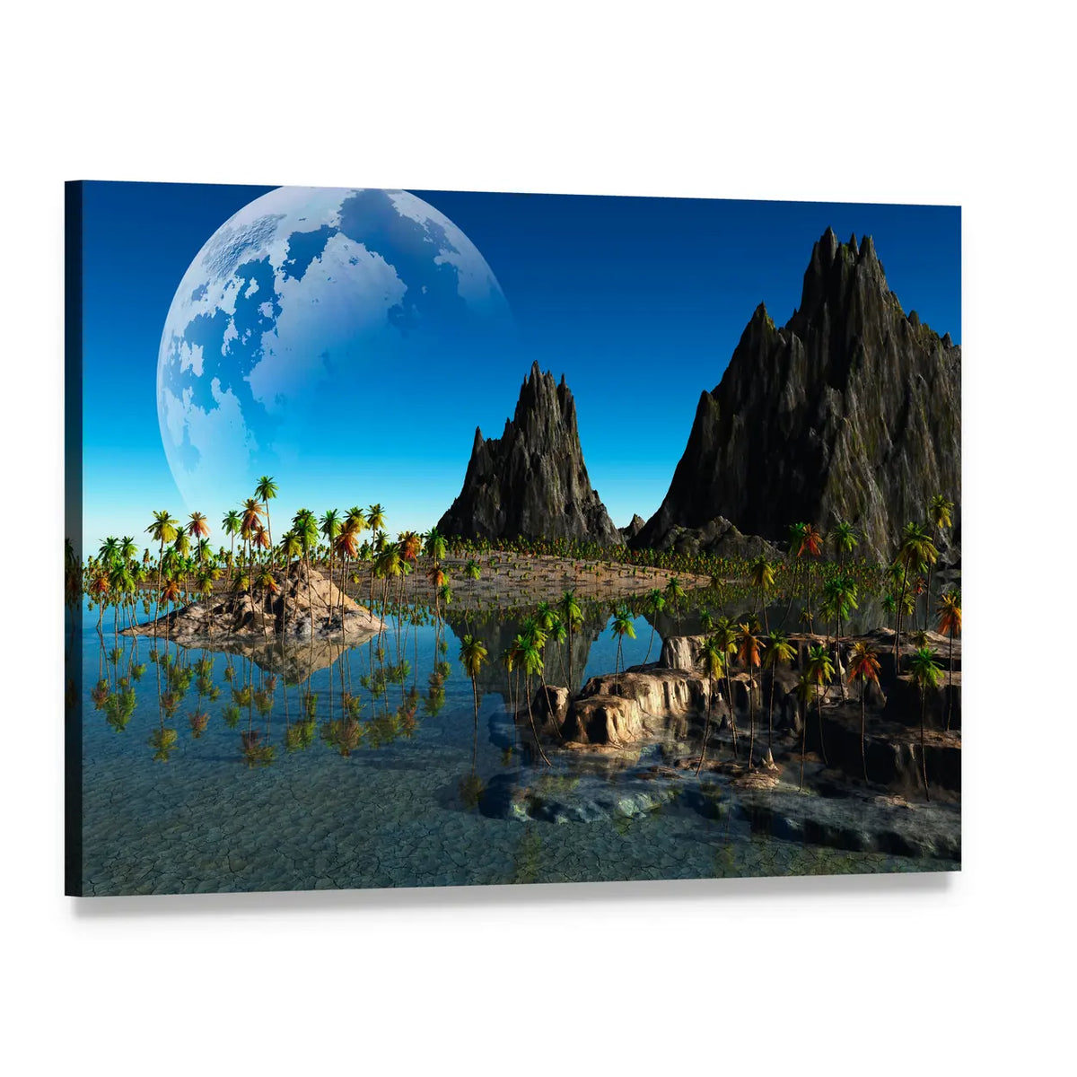 Tropical Island Beneath a Giant Planet Canvas Wall Art, single panel gallery wrapped canvas, angled product view