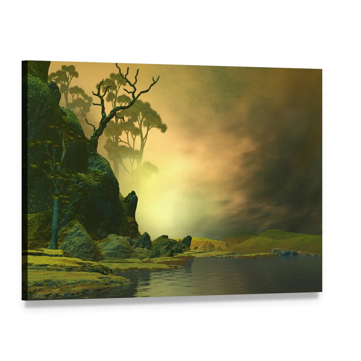 Misty Mountain Lake with Twisted Tree Canvas Wall Art, single panel gallery wrapped canvas, angled product view