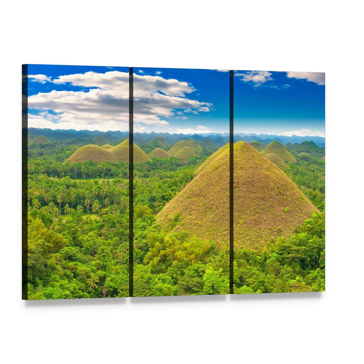 Chocolate Hills Landscape Photo Canvas Wall Art, 3 panel 3 Horizontal layout gallery wrapped canvas set, angled product view