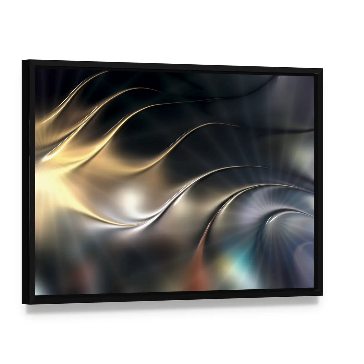Abstract Metallic 3D Wave Canvas Wall Art, framed canvas in a black floater frame, angled product view