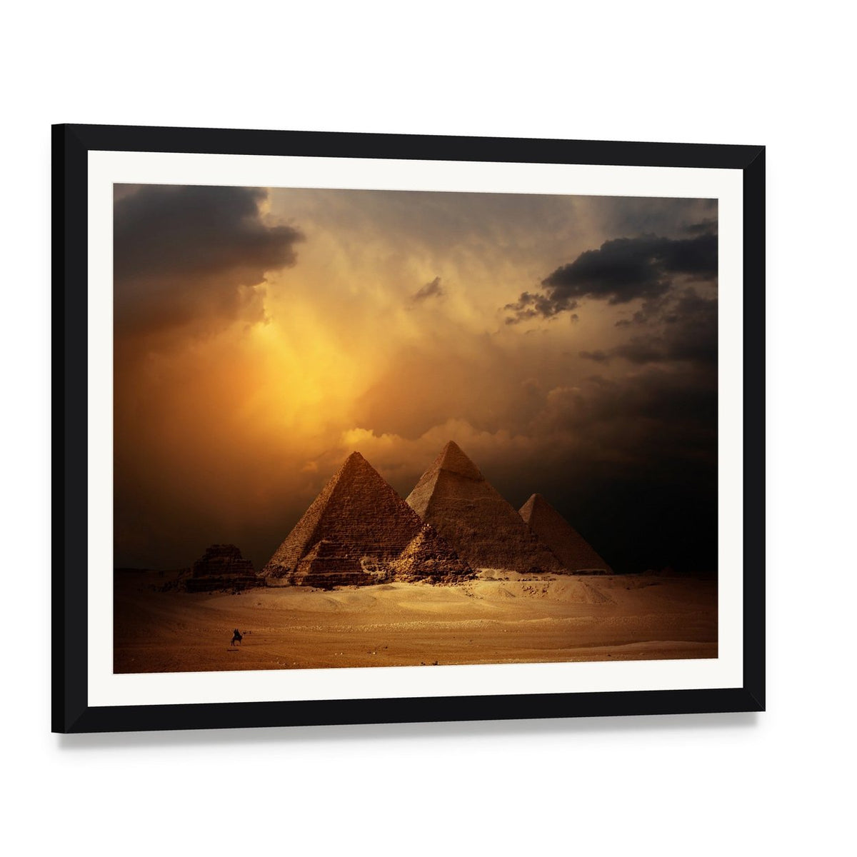 Pyramids in Giza Valley Under Dark Clouds Canvas Wall Art, framed print with white mat and black frame, angled product view