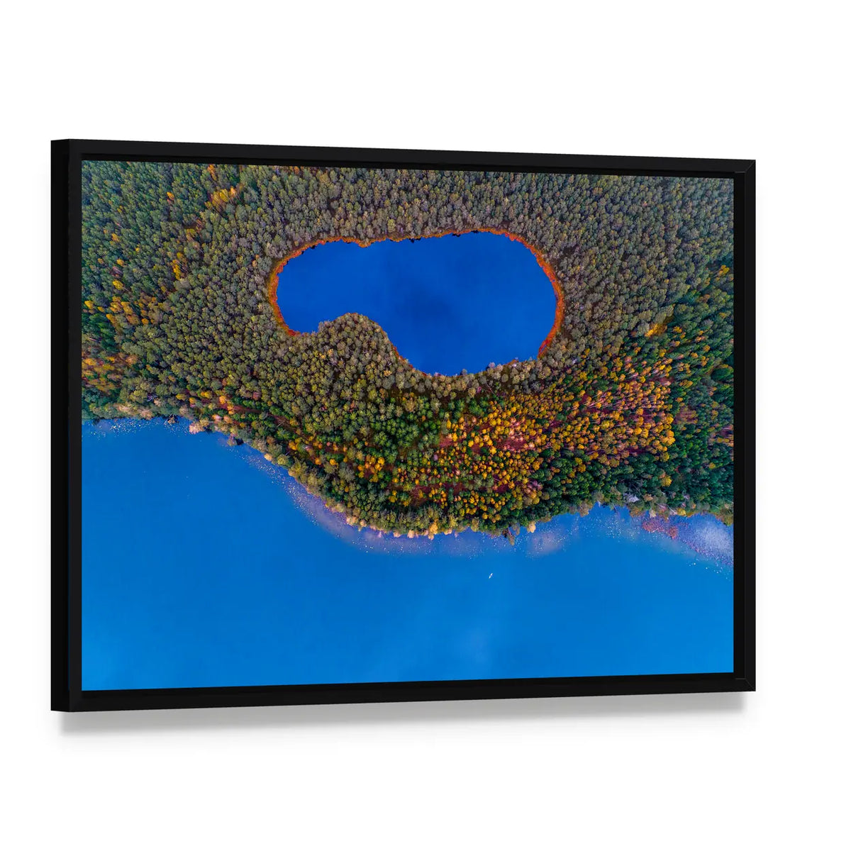 Two Lakes In Lithuanian Forest Canvas Wall Art, framed canvas in a black floater frame, angled product view