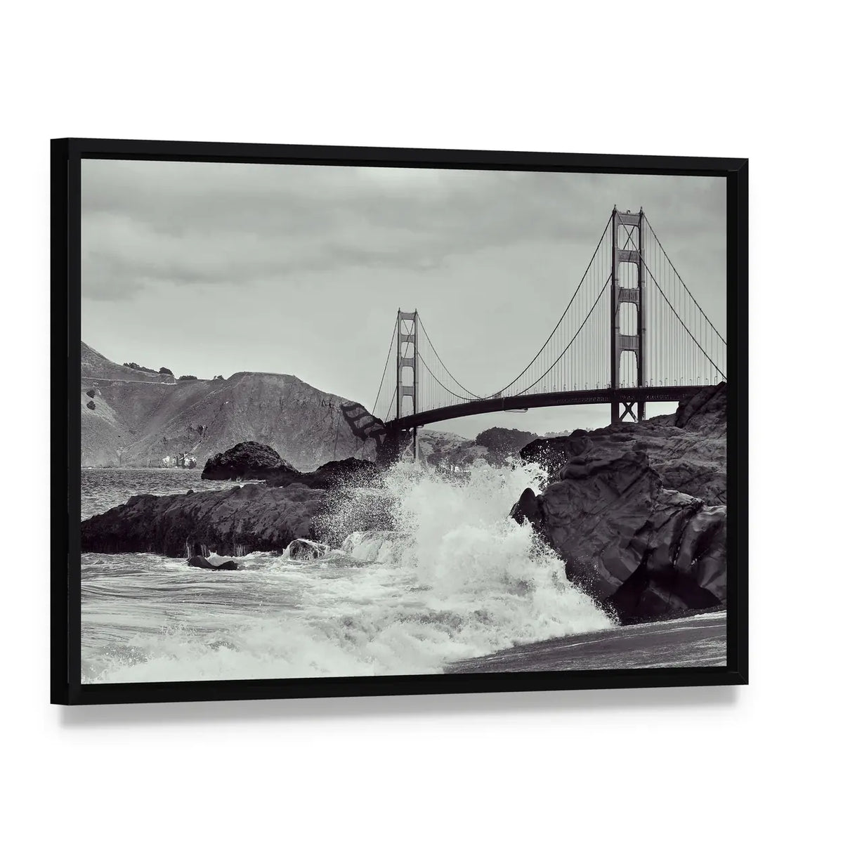 Golden Gate Bridge from the Beach Canvas Wall Art, framed canvas in a black floater frame, angled product view
