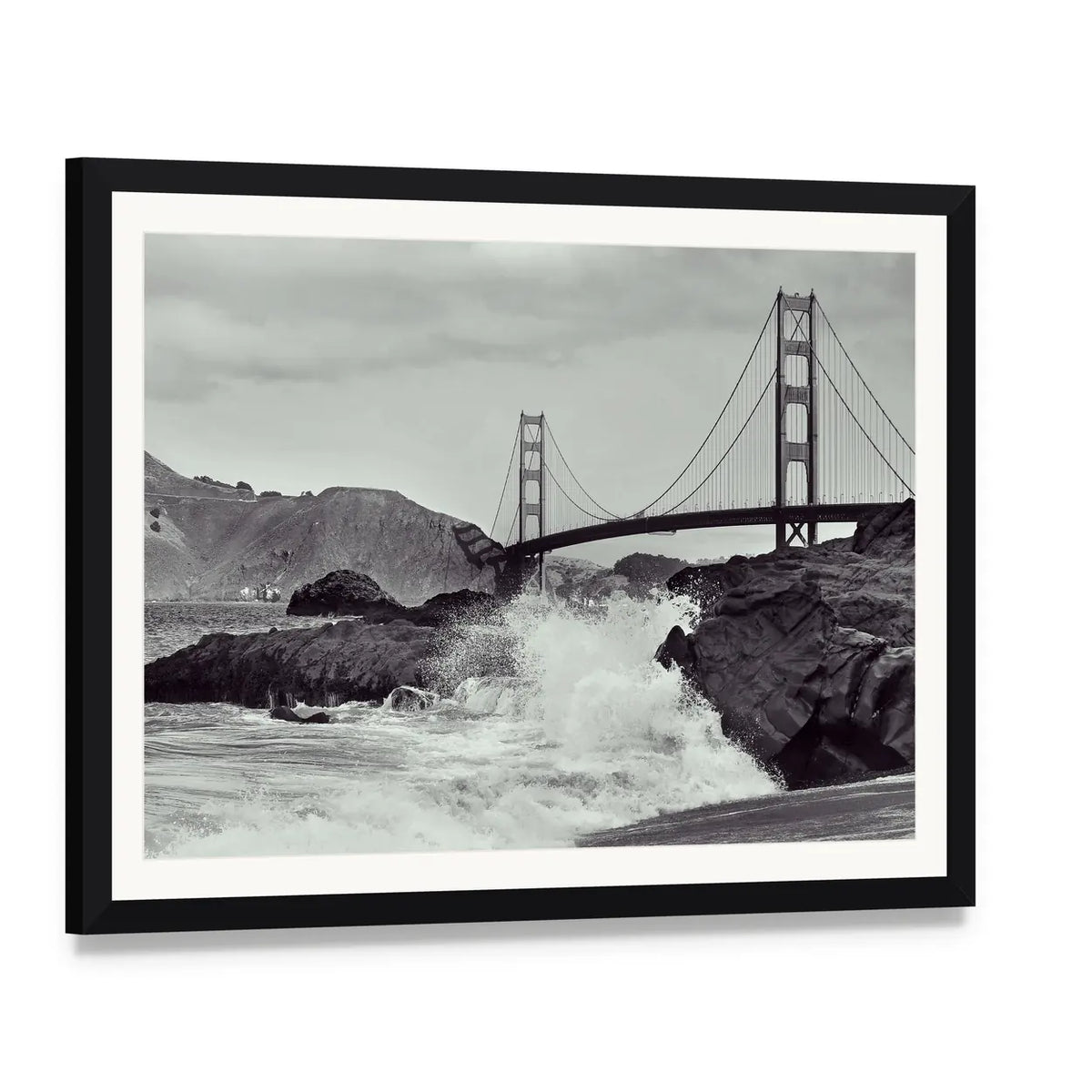 Golden Gate Bridge from the Beach Canvas Wall Art, framed print with white mat and black frame, angled product view