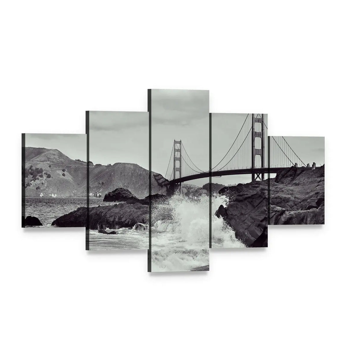Golden Gate Bridge from the Beach Canvas Wall Art, 5 panel 5 Star layout gallery wrapped canvas set, angled product view