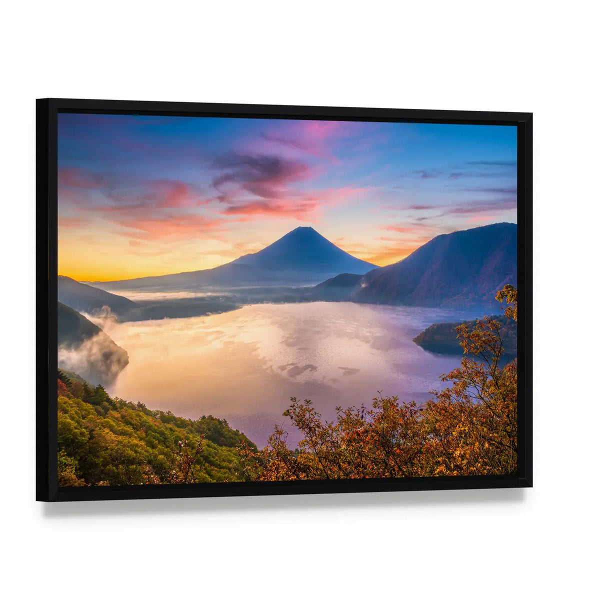 Mount Fuji and Motosu Lake Canvas Wall Art, framed canvas in a black floater frame, angled product view