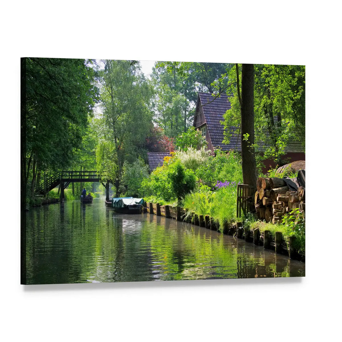 Thatched Roof House by Canal Canvas Wall Art, single panel gallery wrapped canvas, angled product view