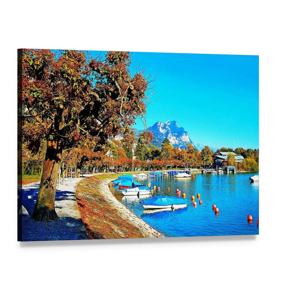 Boats on Alpine Lake in Autumn Canvas Wall Art, single panel gallery wrapped canvas, angled product view