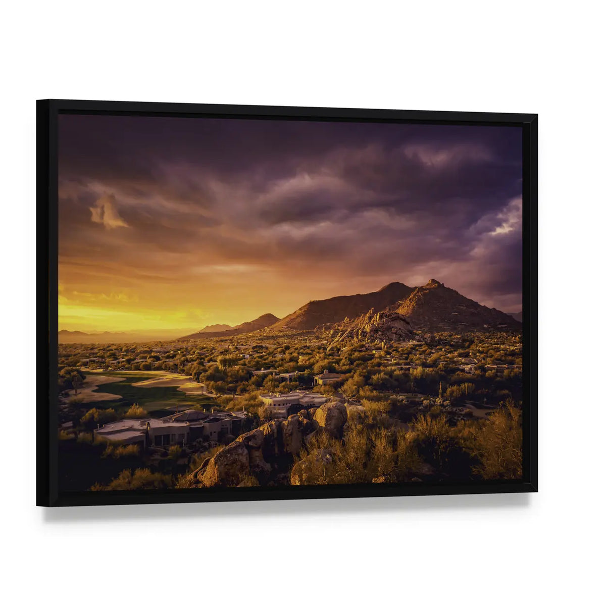 Scottsdale Desert Sunset Landscape Canvas Wall Art, framed canvas in a black floater frame, angled product view