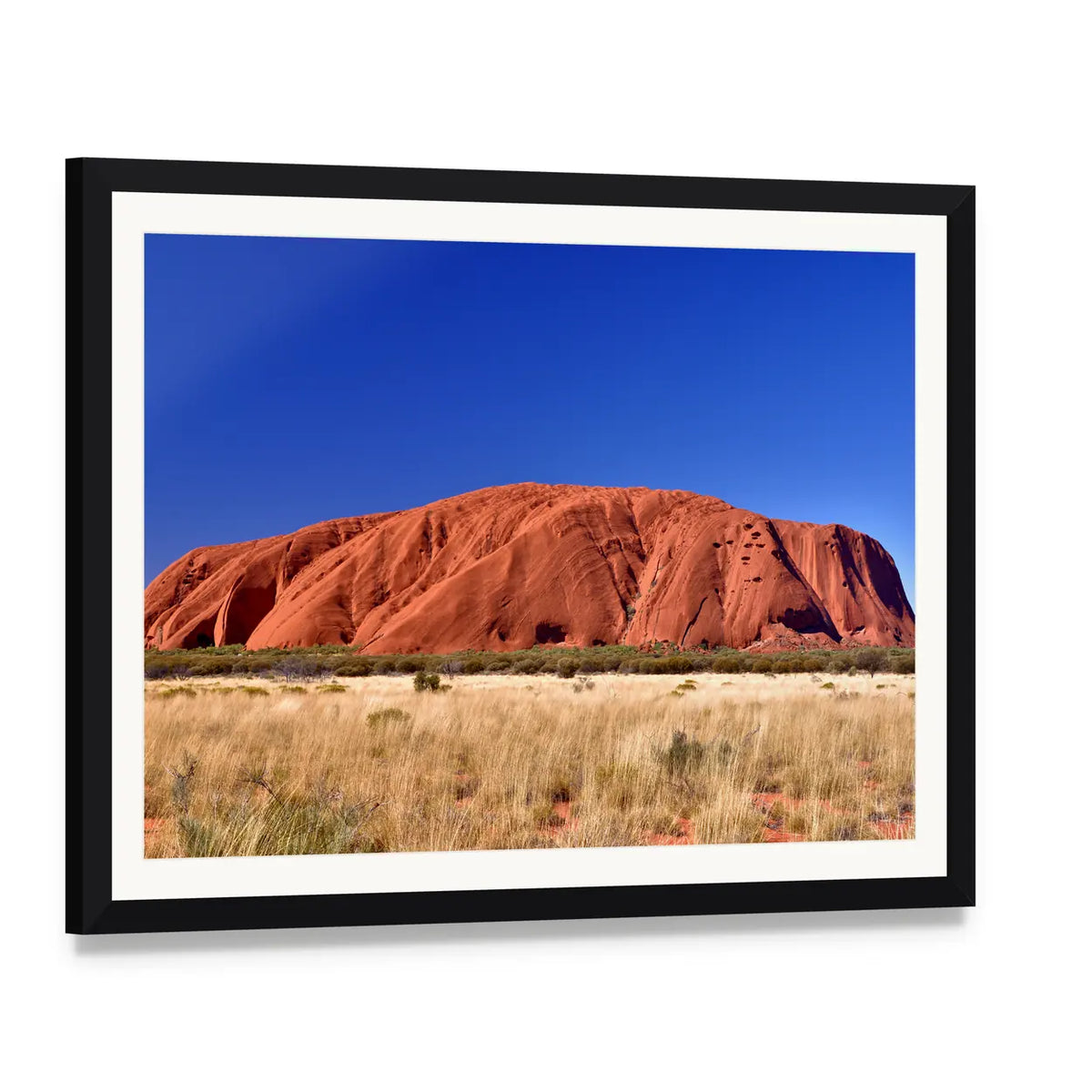 Ayers Rock Uluru Desert Landscape Canvas Wall Art, framed print with white mat and black frame, angled product view
