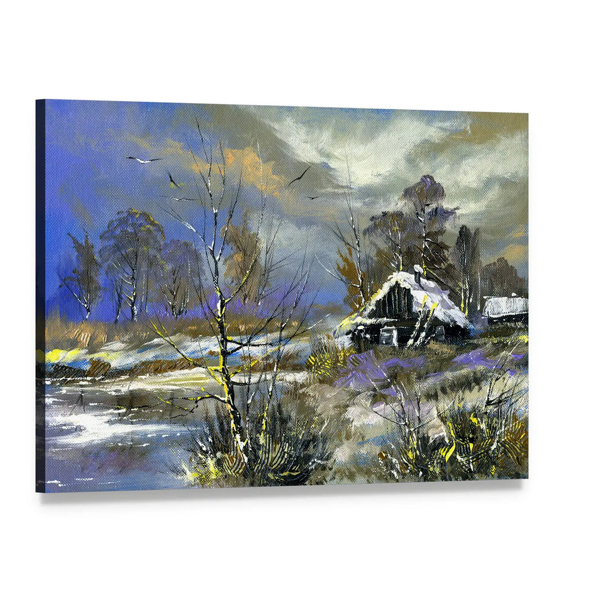 Snow-covered Cabin by the Lake Canvas Wall Art, single panel gallery wrapped canvas, angled product view