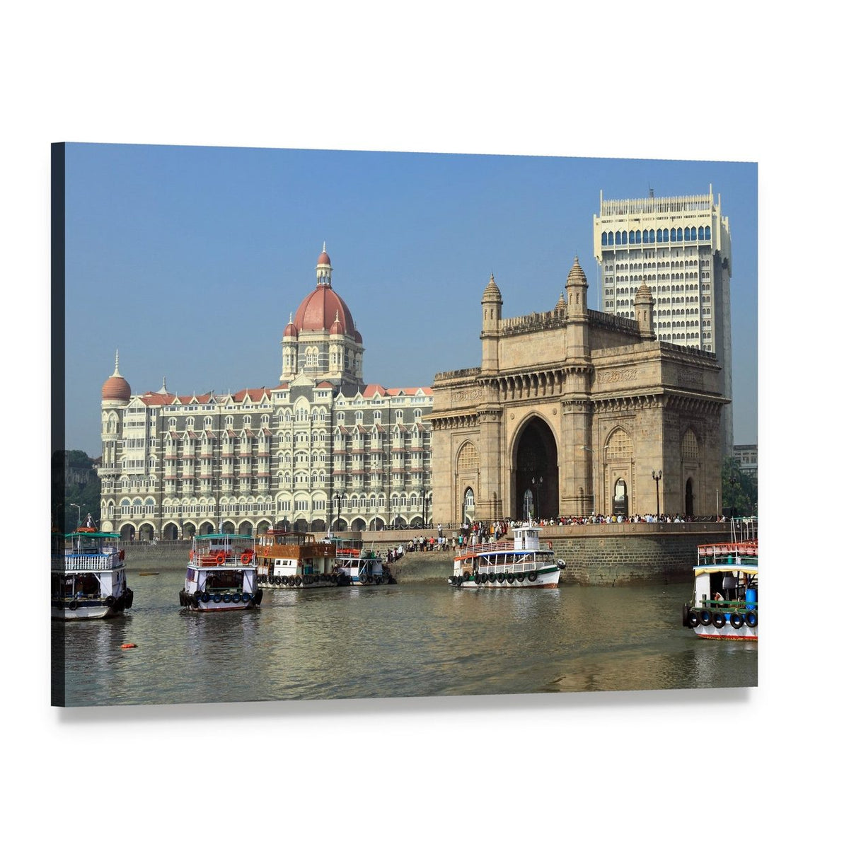 Gateway of India with Taj Mahal Palace Hotel Canvas Wall Art, single panel gallery wrapped canvas, angled product view