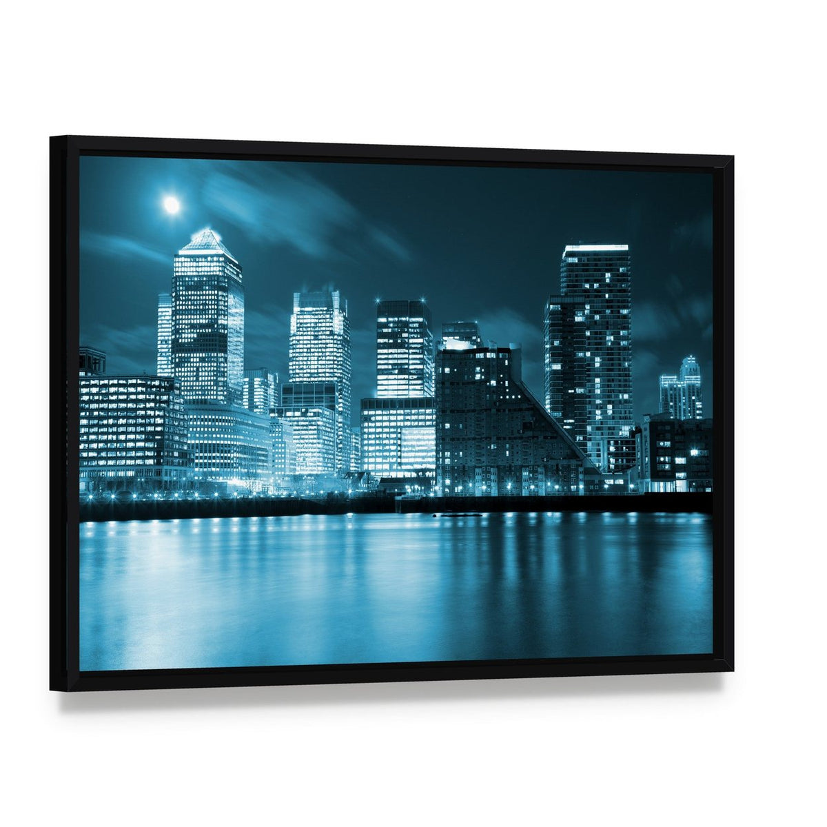 Moon Over London Skyscrapers Canvas Wall Art, framed canvas in a black floater frame, angled product view