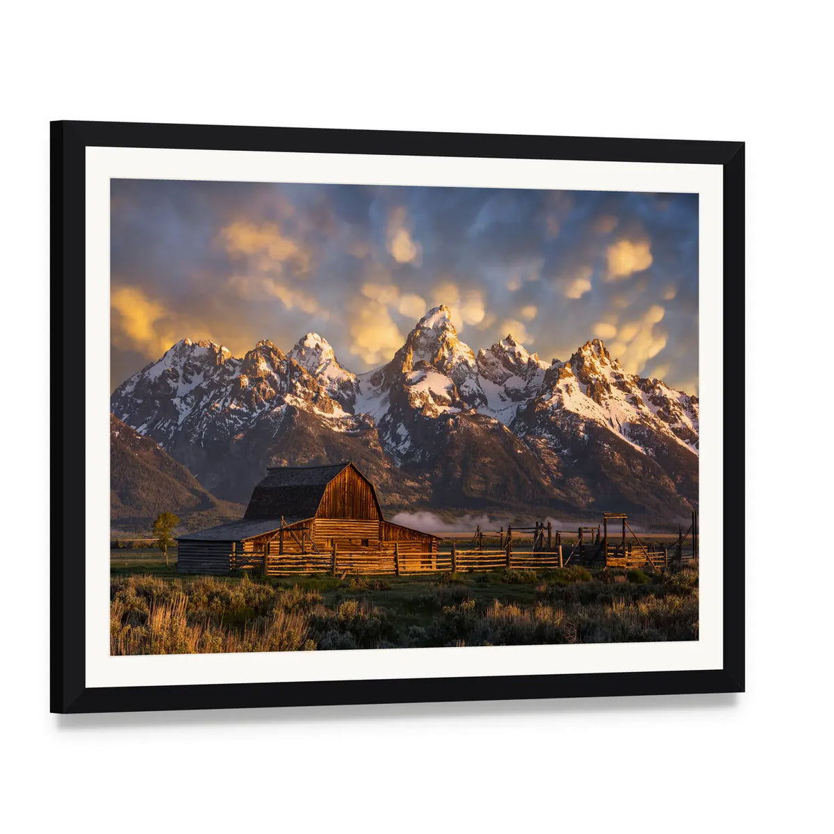 John Moulton Barn Canvas Wall Art, framed print with white mat and black frame, angled product view