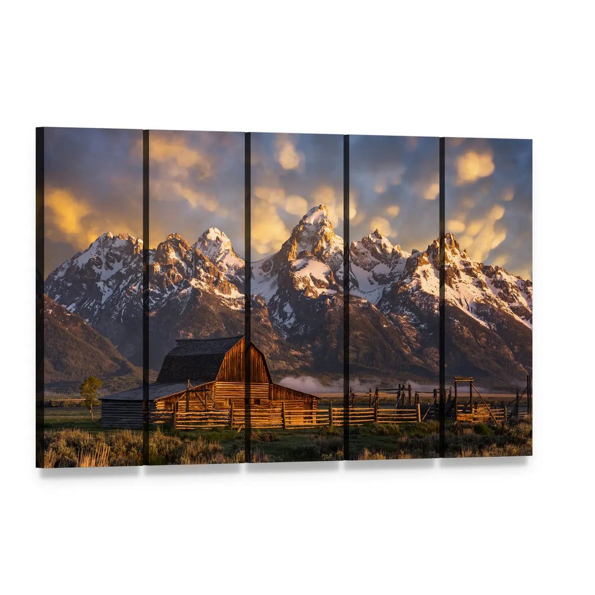 John Moulton Barn Canvas Wall Art, 5 panel 5 Horizontal layout gallery wrapped canvas set, angled product view