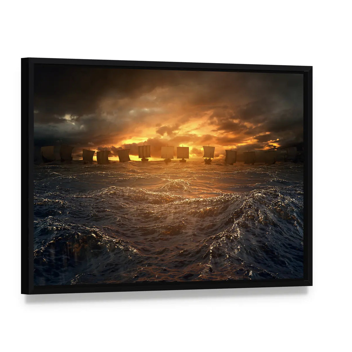 Viking Longships at Stormy Sunset Canvas Wall Art, framed canvas in a black floater frame, angled product view