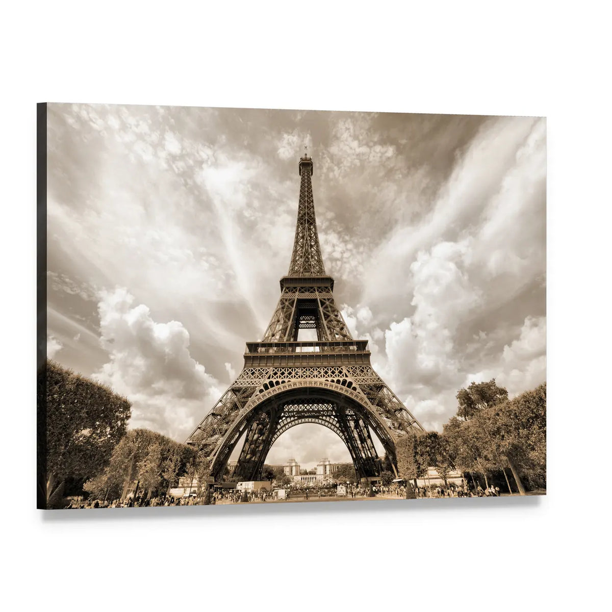 Eiffel Tower Under Clouds Canvas Wall Art, single panel gallery wrapped canvas, angled product view