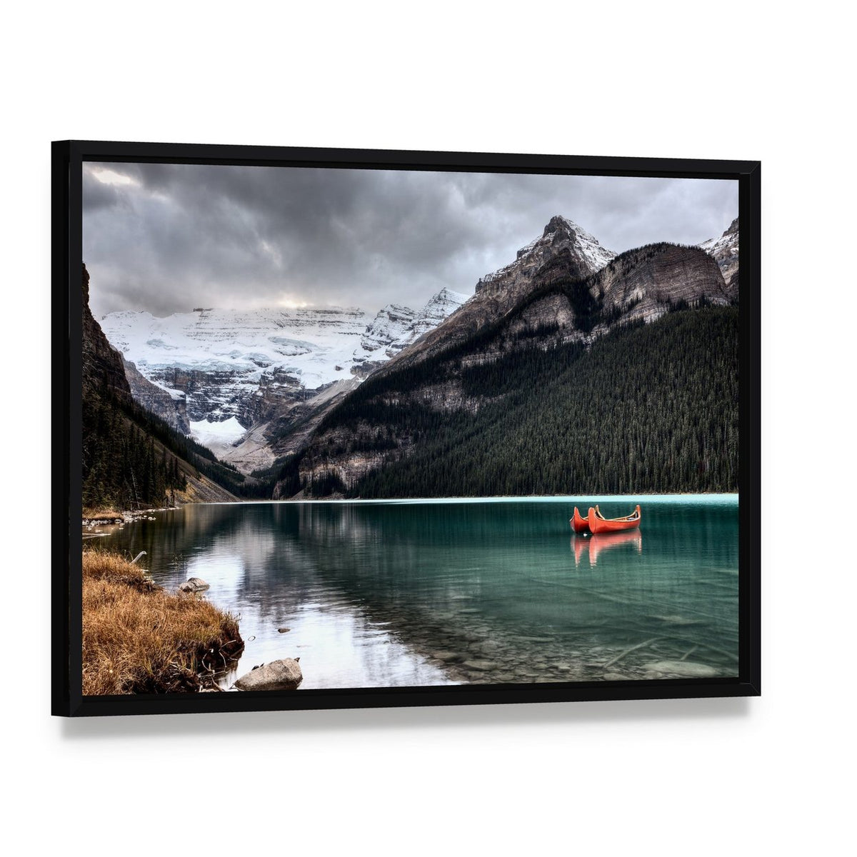 Lake Louise Canoe and Glacier Canvas Wall Art, framed canvas in a black floater frame, angled product view
