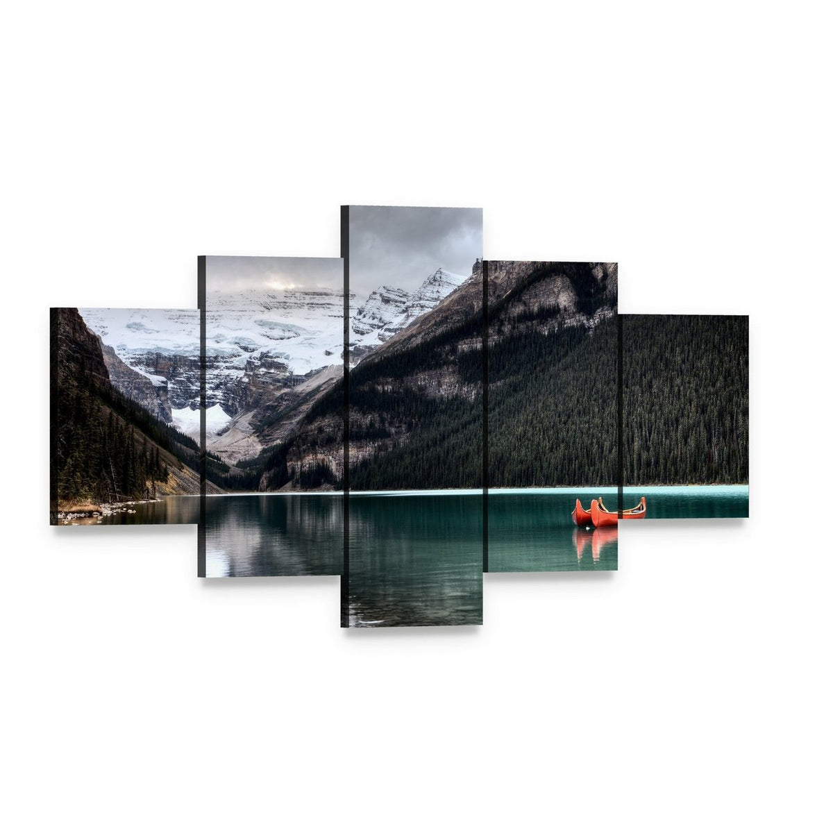 Lake Louise Canoe and Glacier Canvas Wall Art, 5 panel 5 Star layout gallery wrapped canvas set, angled product view