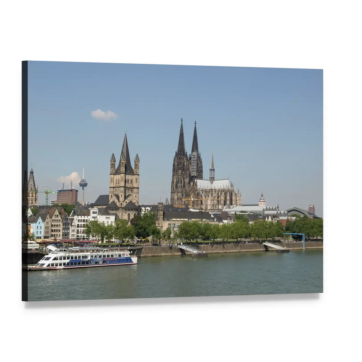 Riverfront City with Gothic Cathedral Canvas Wall Art, single panel gallery wrapped canvas, angled product view