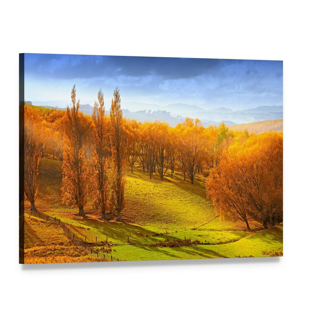 Autumn Sunrise Over Rolling Hills Canvas Wall Art, single panel gallery wrapped canvas, angled product view