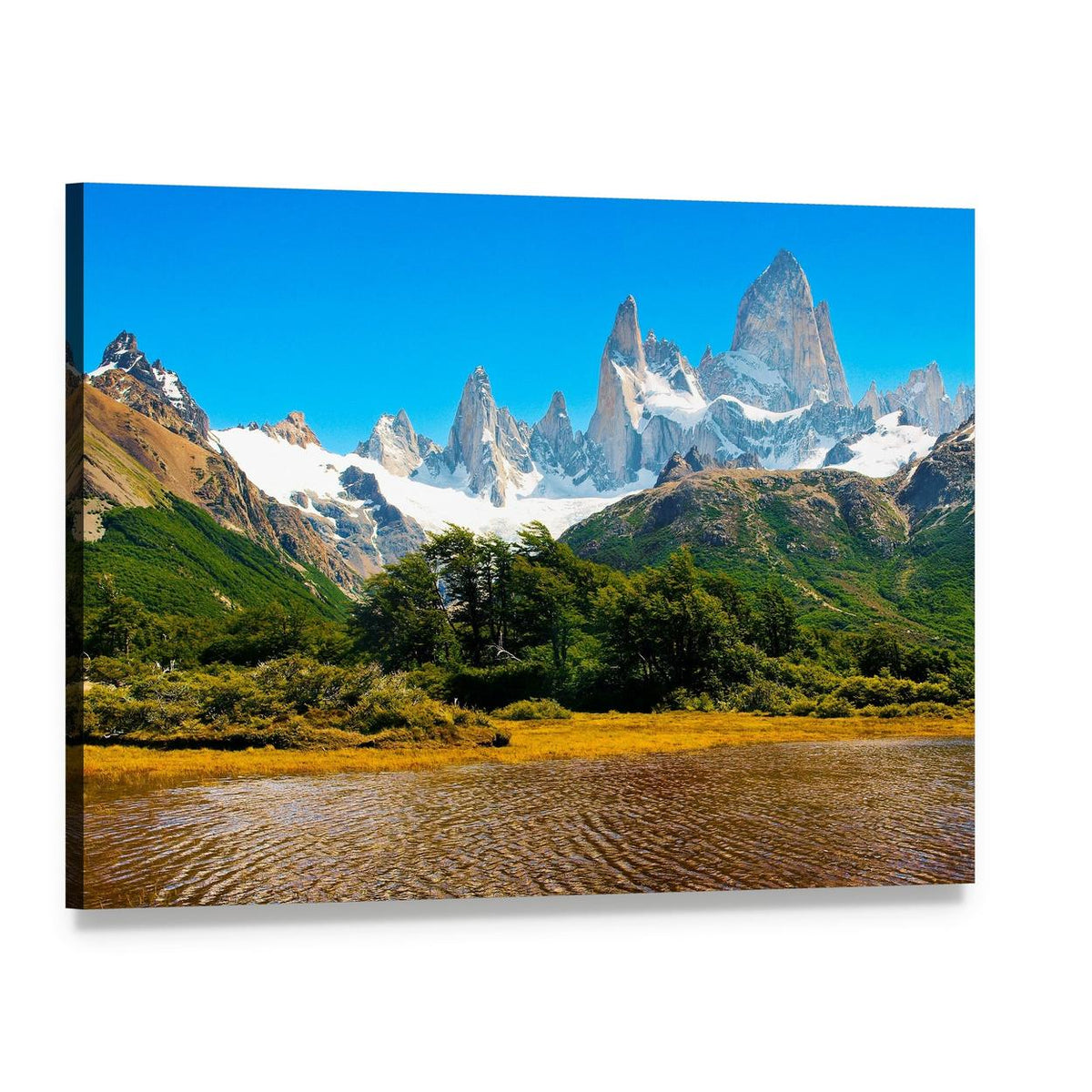 Los Glaciares Mountain Lake Scene Canvas Wall Art, single panel gallery wrapped canvas, angled product view