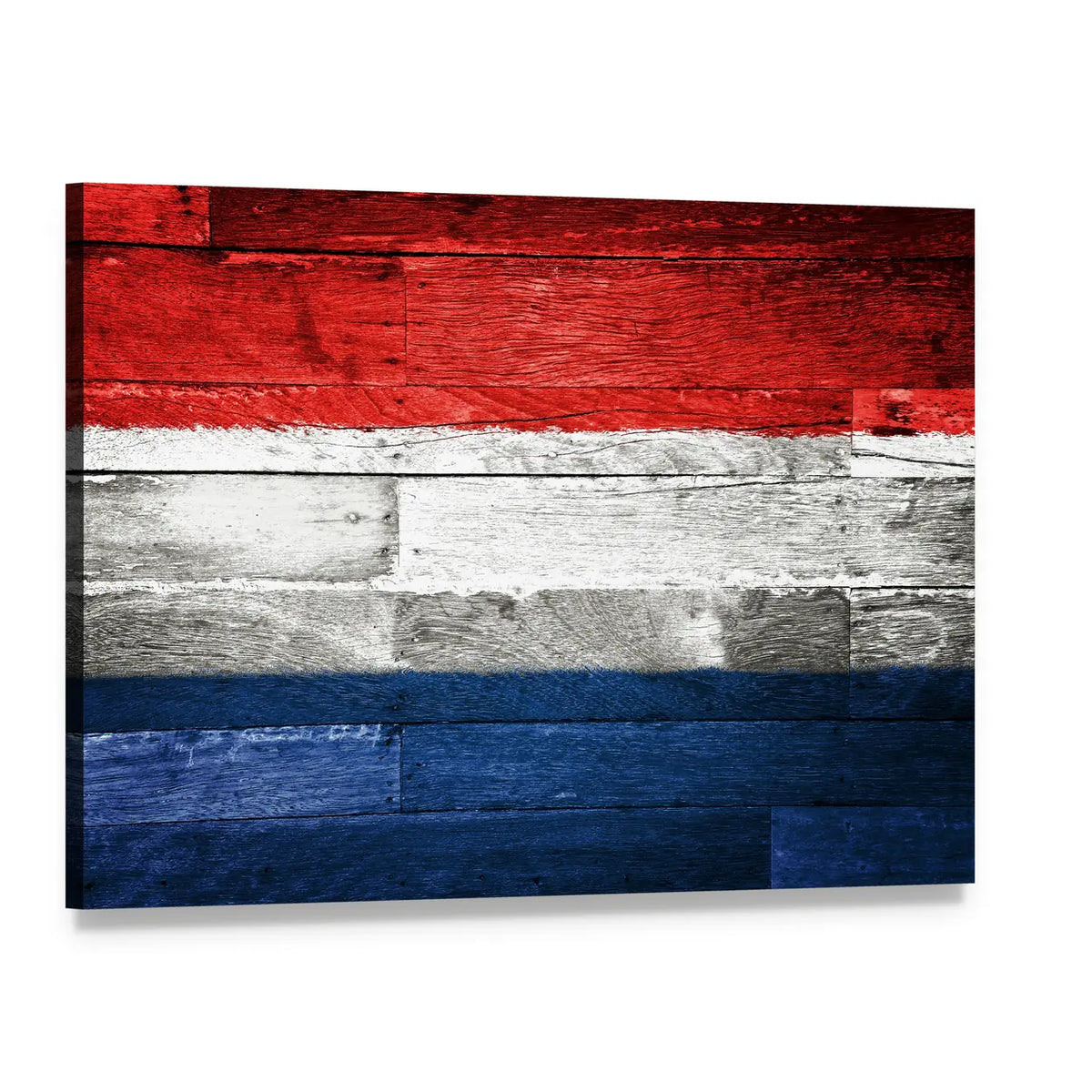 Netherlands Flag on Weathered Wood Canvas Wall Art, single panel gallery wrapped canvas, angled product view