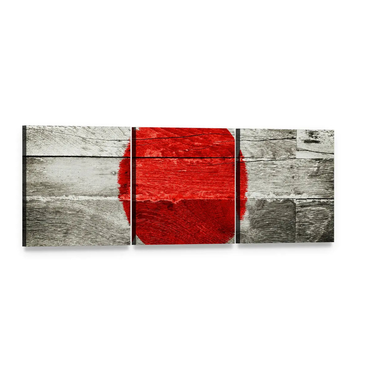 Japan Flag on Weathered Wood Panoramic Canvas Wall Art, 3 panel 3 Piece layout gallery wrapped canvas set, angled product view