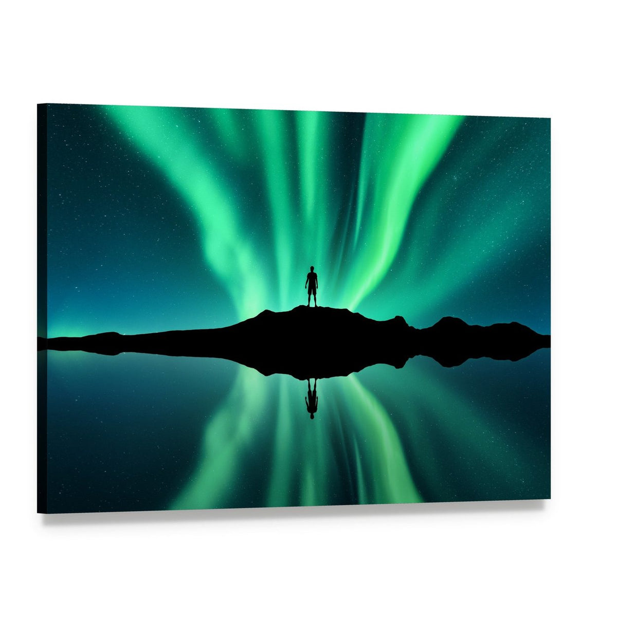 Standing Man Under Aurora Borealis Canvas Wall Art, single panel gallery wrapped canvas, angled product view