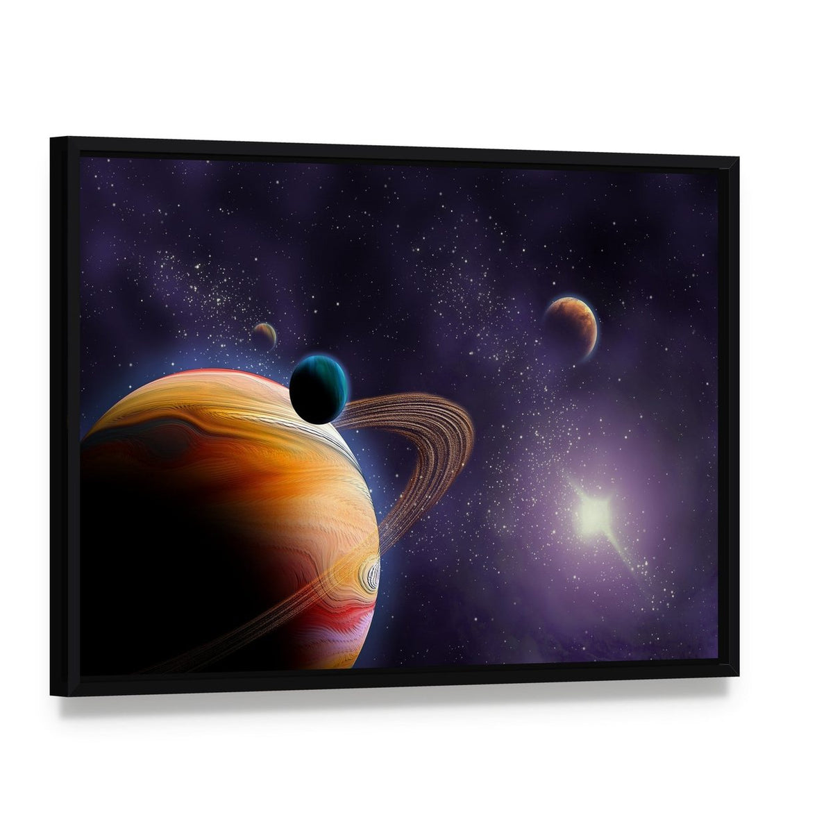 Planets in Dark Space Canvas Wall Art, framed canvas in a black floater frame, angled product view