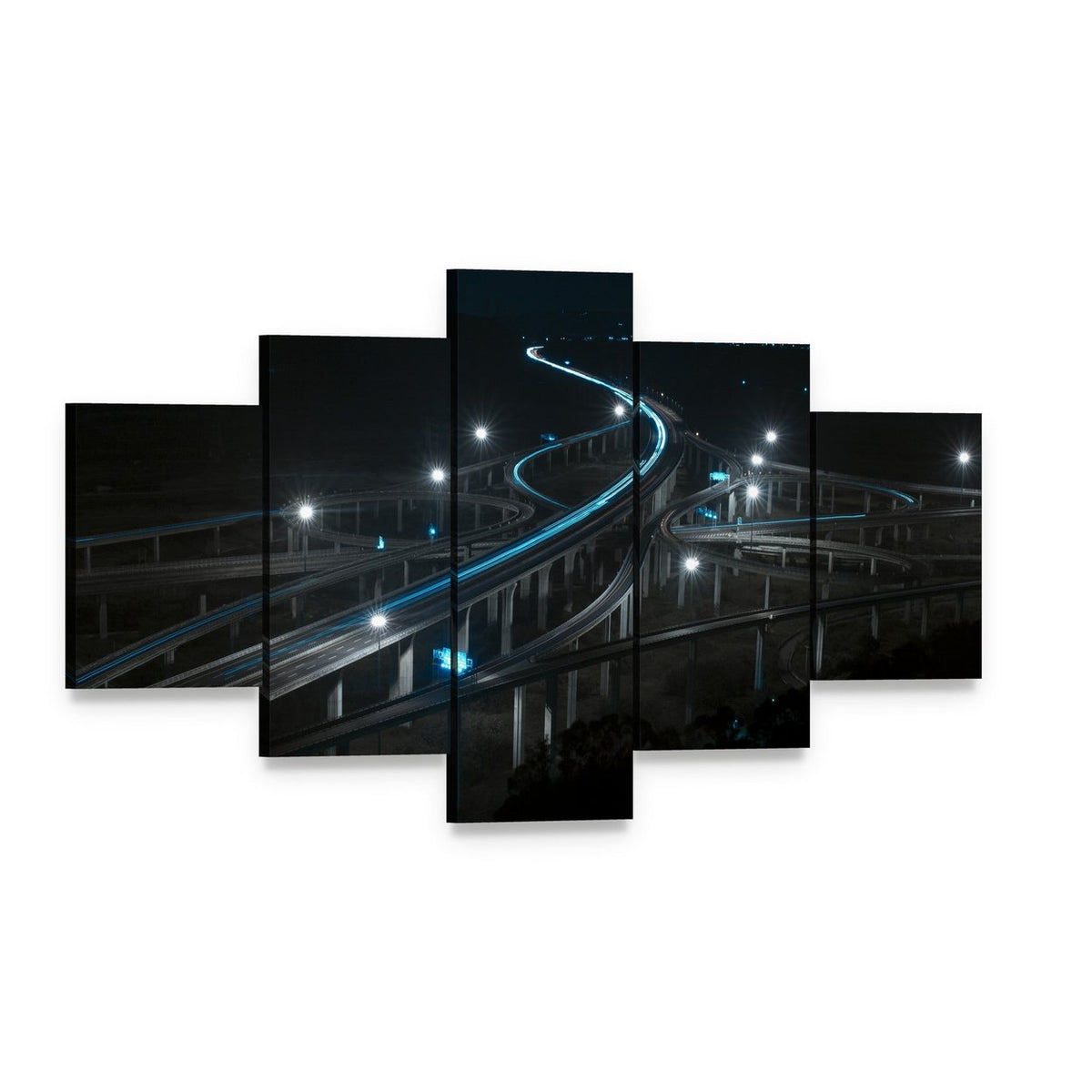 Highway Nights with Vehicle Light Trails Canvas Wall Art, 5 panel 5 Star layout gallery wrapped canvas set, angled product view