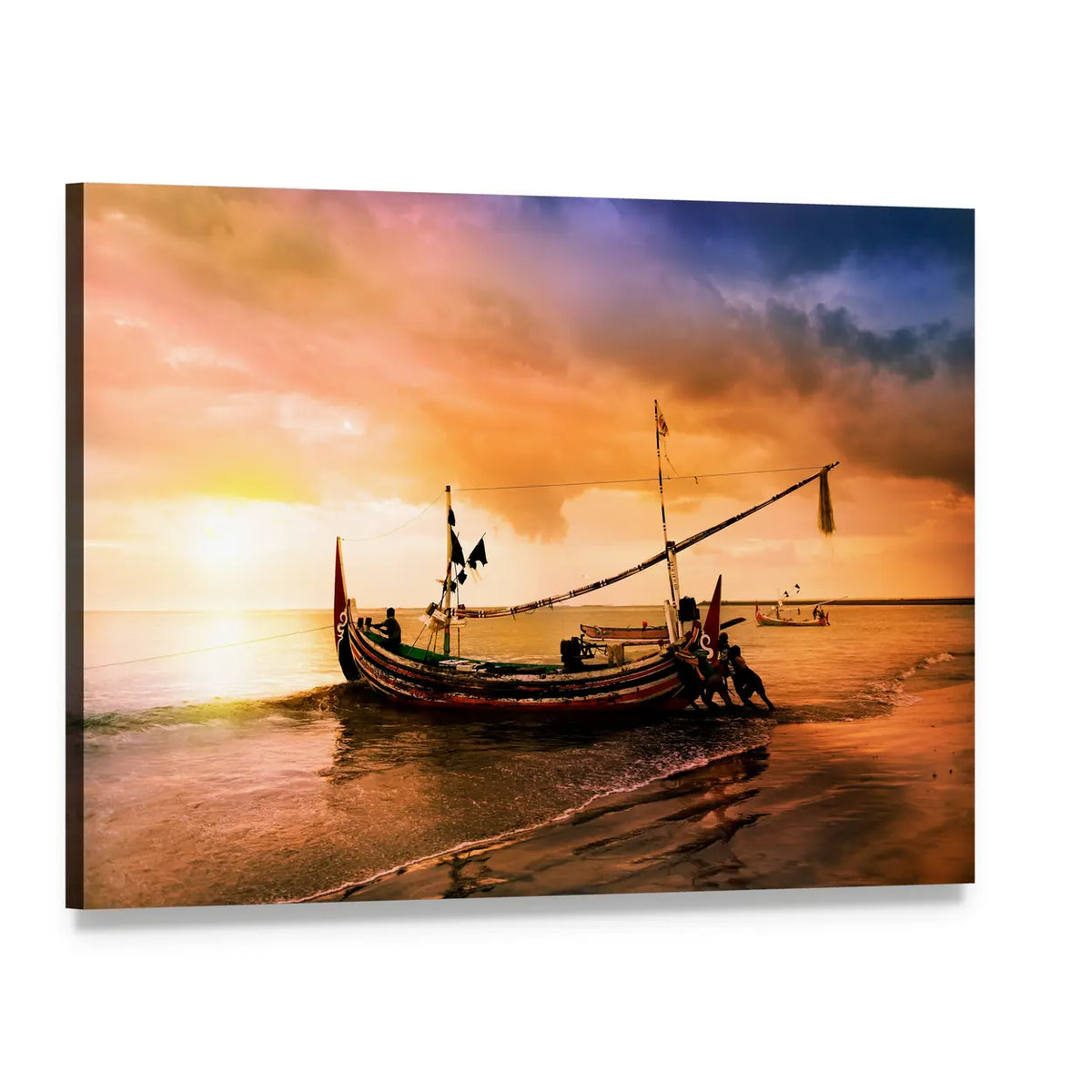 Jangar Boat on Sunset Shore Canvas Wall Art, single panel gallery wrapped canvas, angled product view