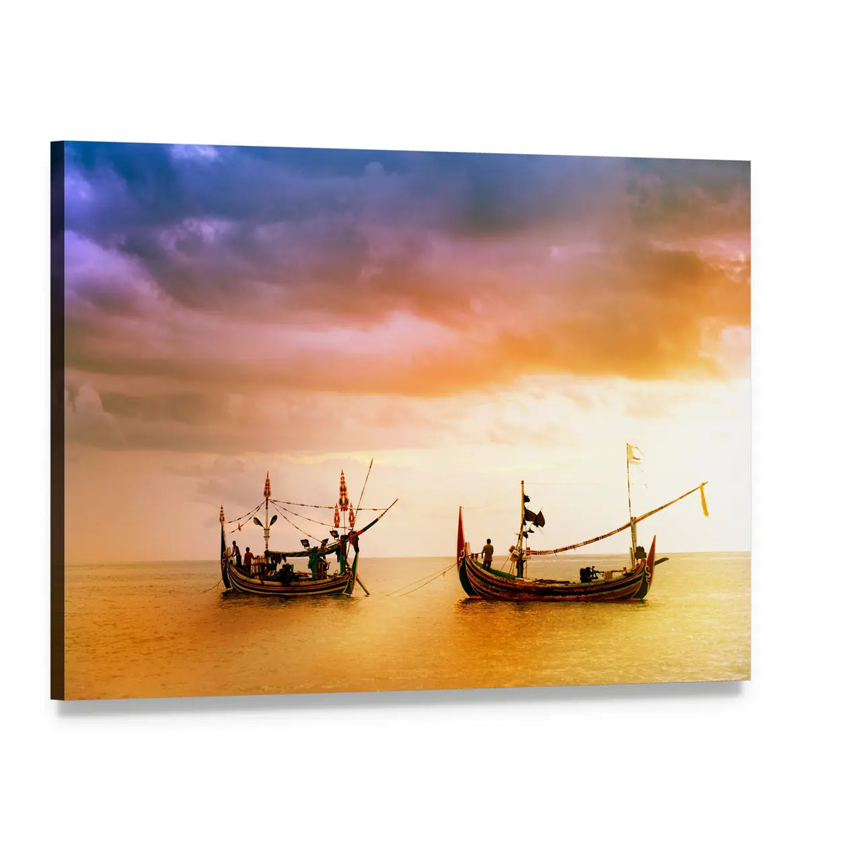 Fishing Boats on Beach at Sunset Canvas Wall Art, single panel gallery wrapped canvas, angled product view