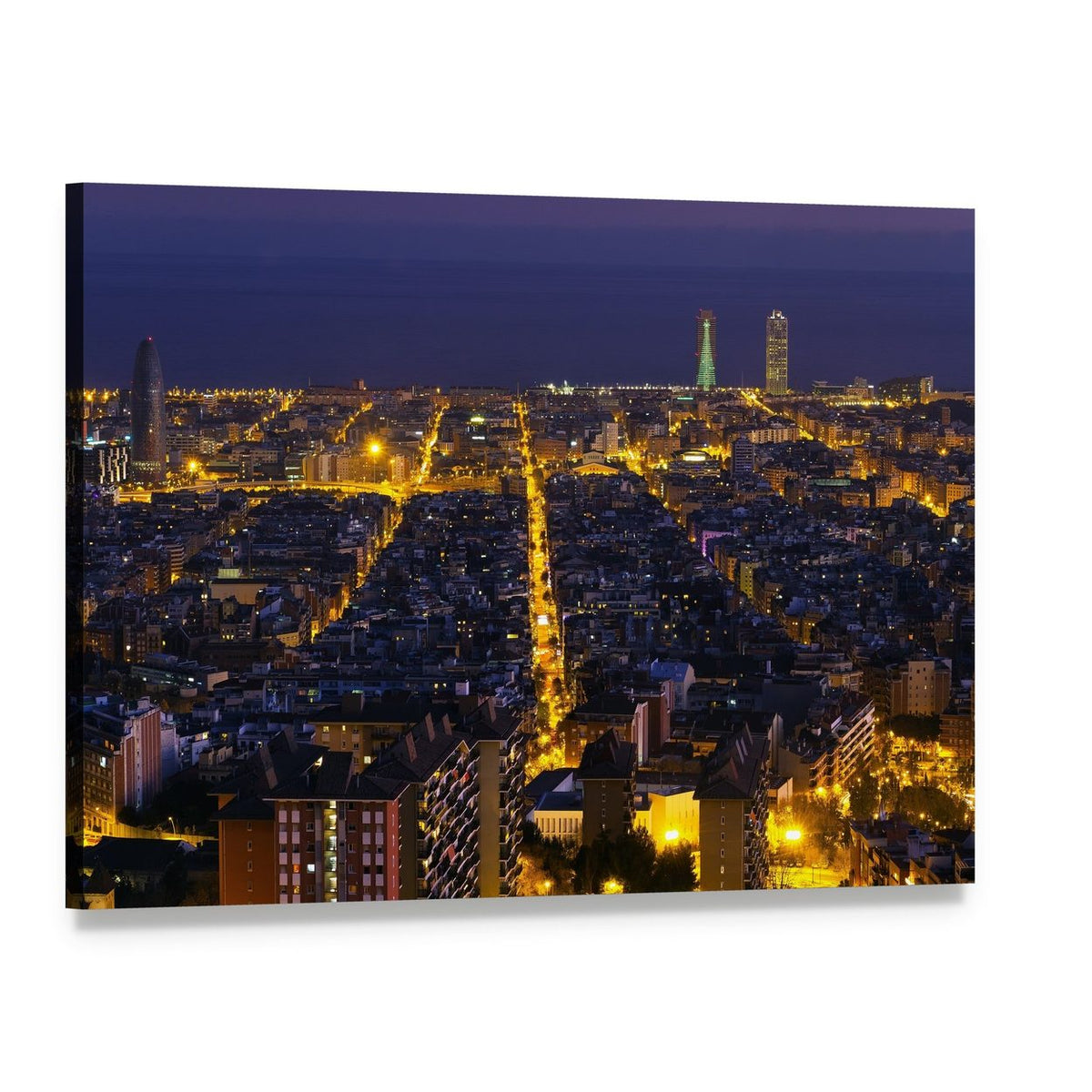 Barcelona Cityscape at Night Canvas Wall Art, single panel gallery wrapped canvas, angled product view