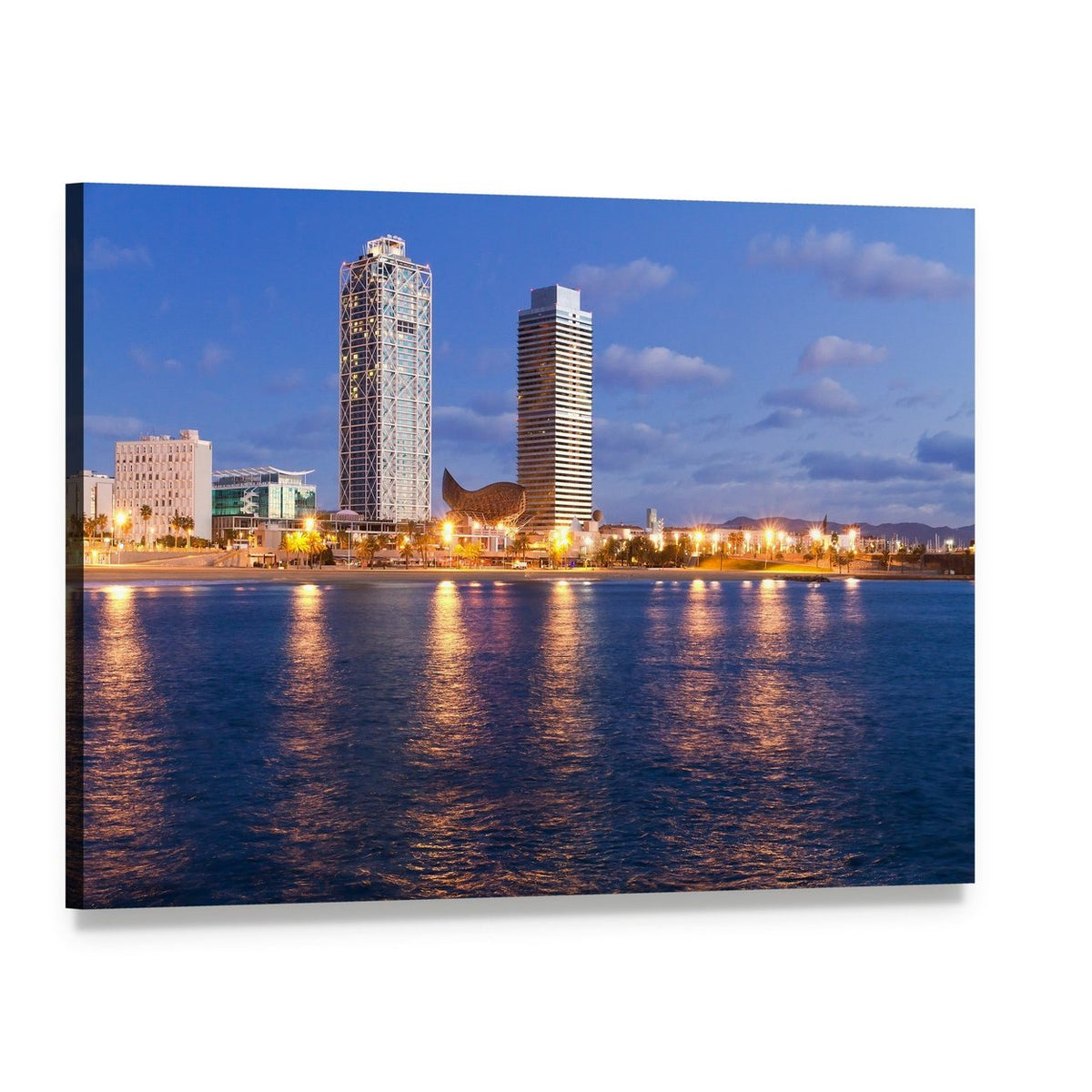 Barcelona City Skyline at Night Canvas Wall Art, single panel gallery wrapped canvas, angled product view