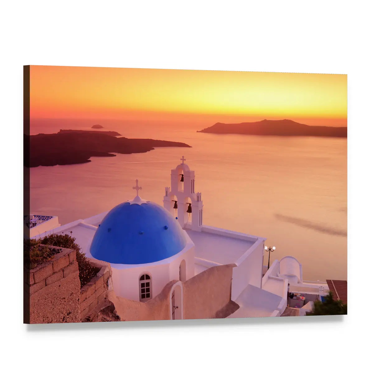 Santorini Church and Sunset Over Ocean Canvas Wall Art, single panel gallery wrapped canvas, angled product view