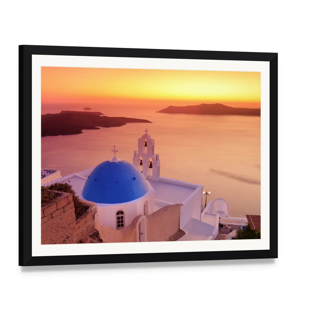 Santorini Church and Sunset Over Ocean Canvas Wall Art, framed print with white mat and black frame, angled product view
