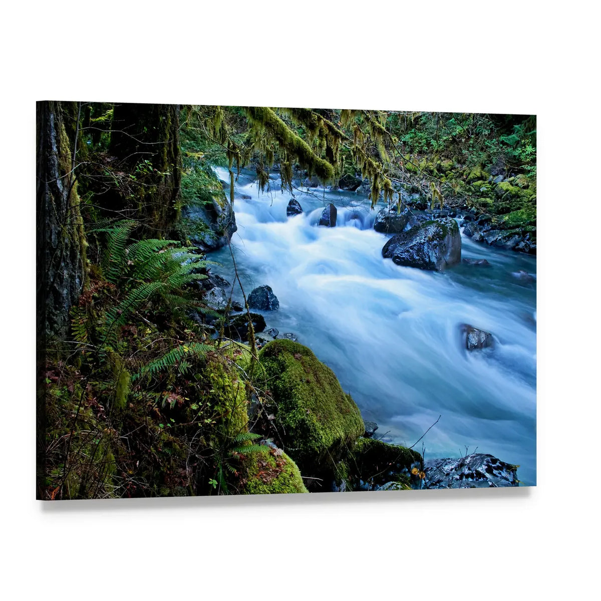 Silky Forest Stream with Mossy Rocks Canvas Wall Art, single panel gallery wrapped canvas, angled product view