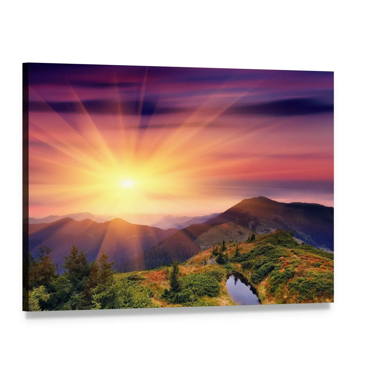 Dawn Sunburst Over Mountain Lake Canvas Wall Art, single panel gallery wrapped canvas, angled product view