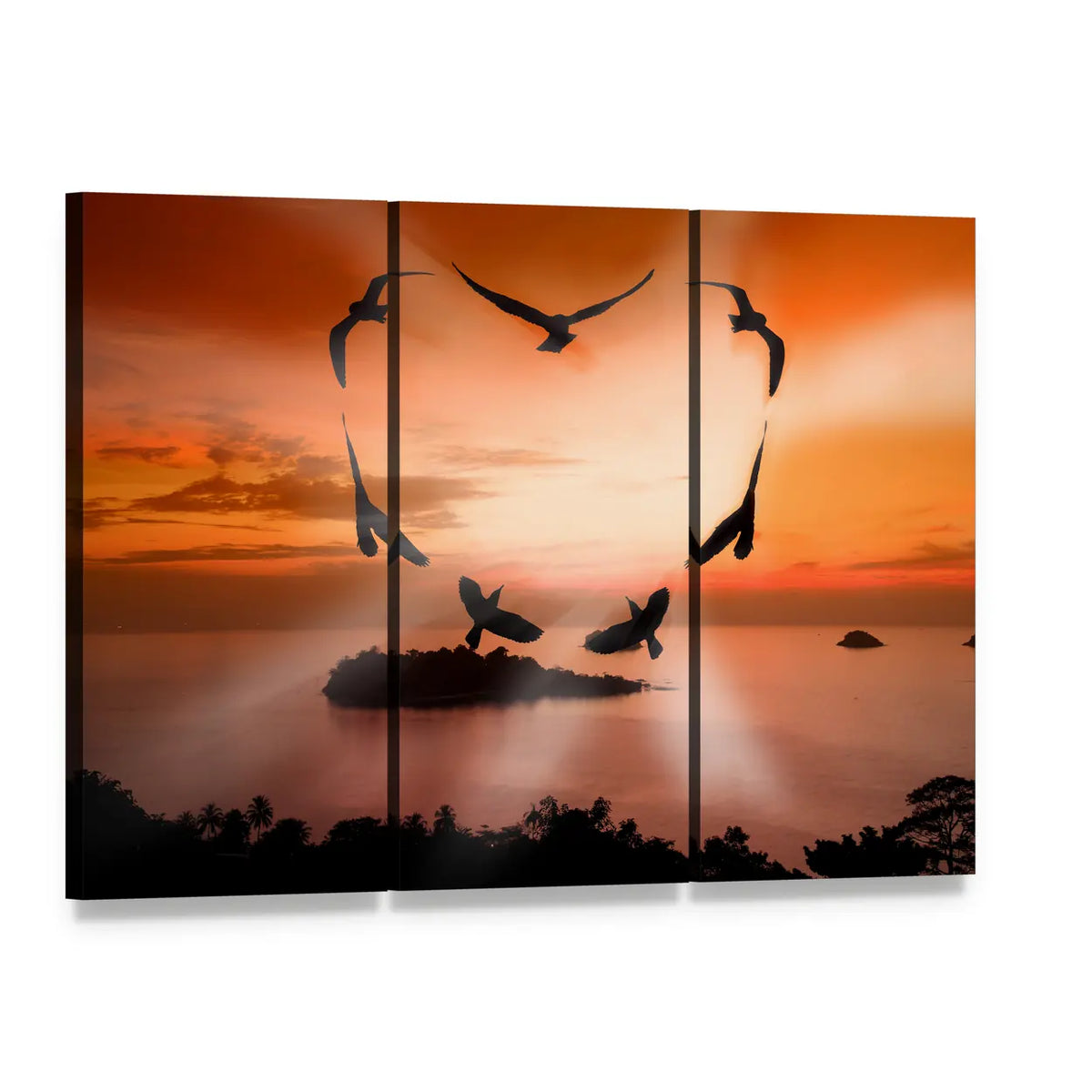 Birds Forming a Heart at Sunset Canvas Wall Art, 3 panel 3 Horizontal layout gallery wrapped canvas set, angled product view
