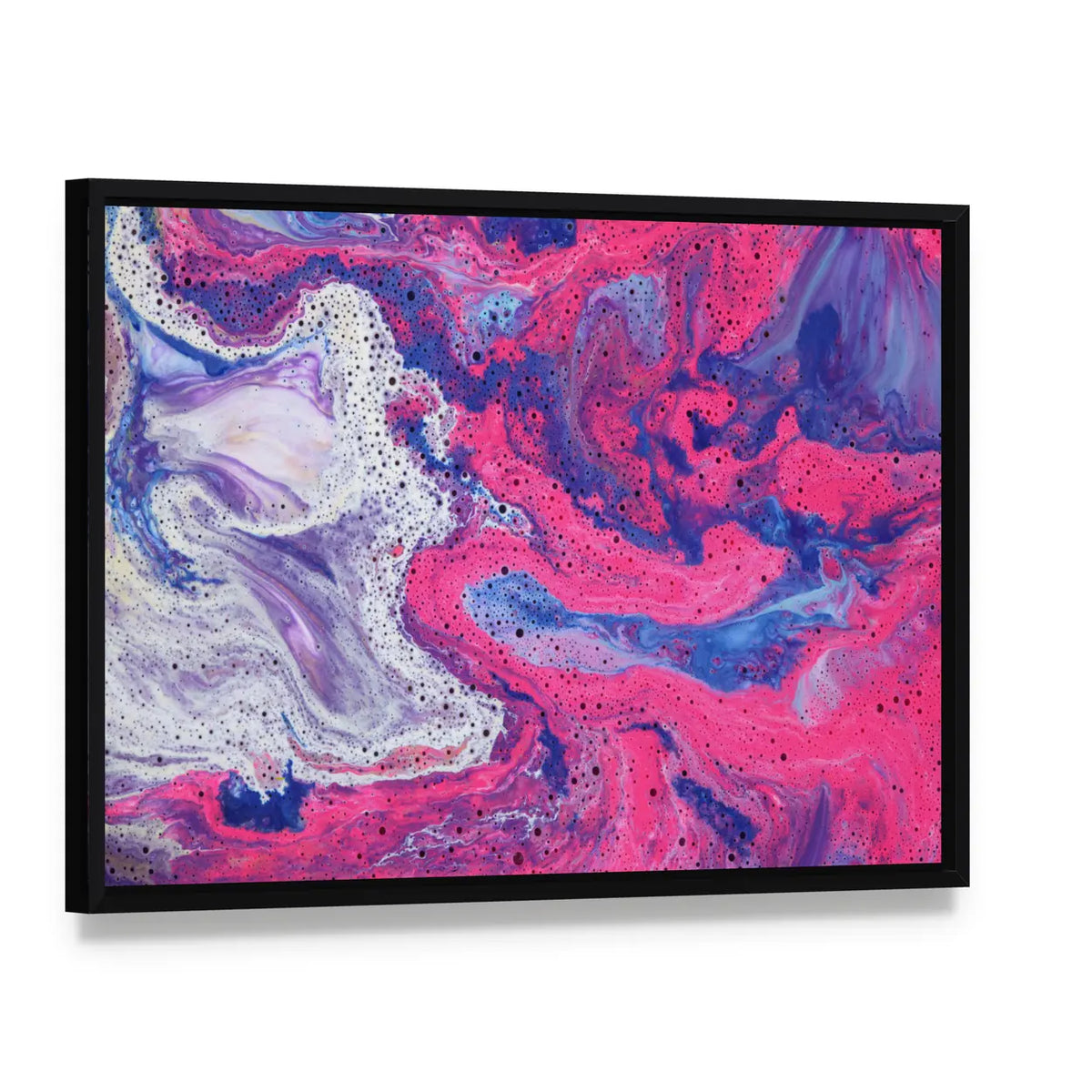 Acrylic Marble Texture Canvas Wall Art, framed canvas in a black floater frame, angled product view
