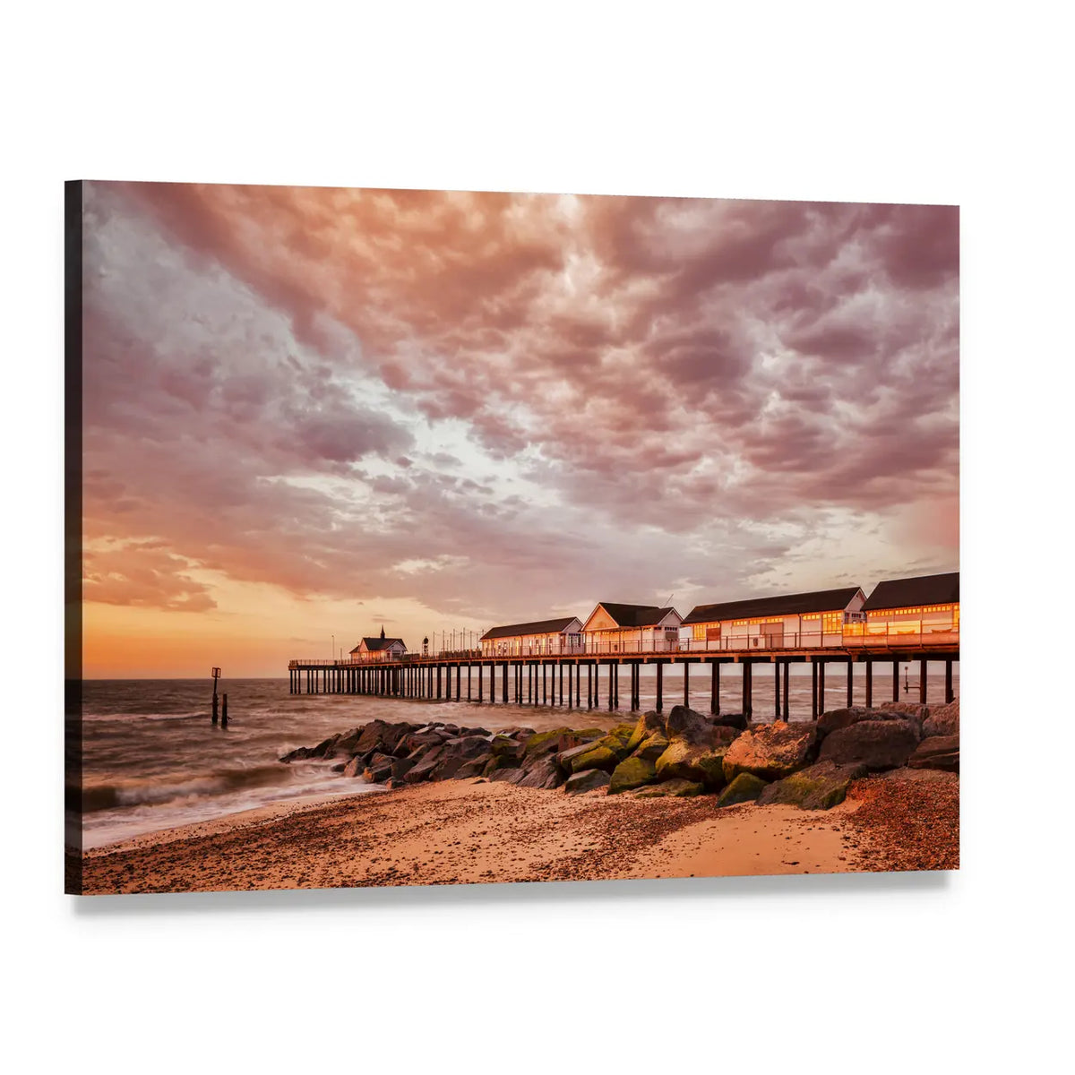 Southwold Pier at Orange Sunset Canvas Wall Art, single panel gallery wrapped canvas, angled product view