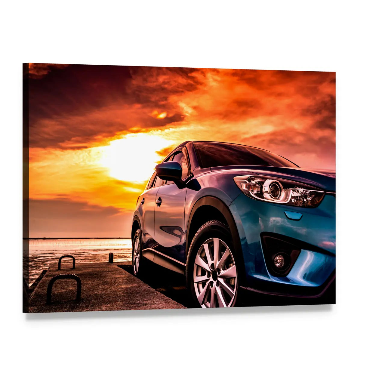 Blue Suv at Coastal Sunset Canvas Wall Art, single panel gallery wrapped canvas, angled product view