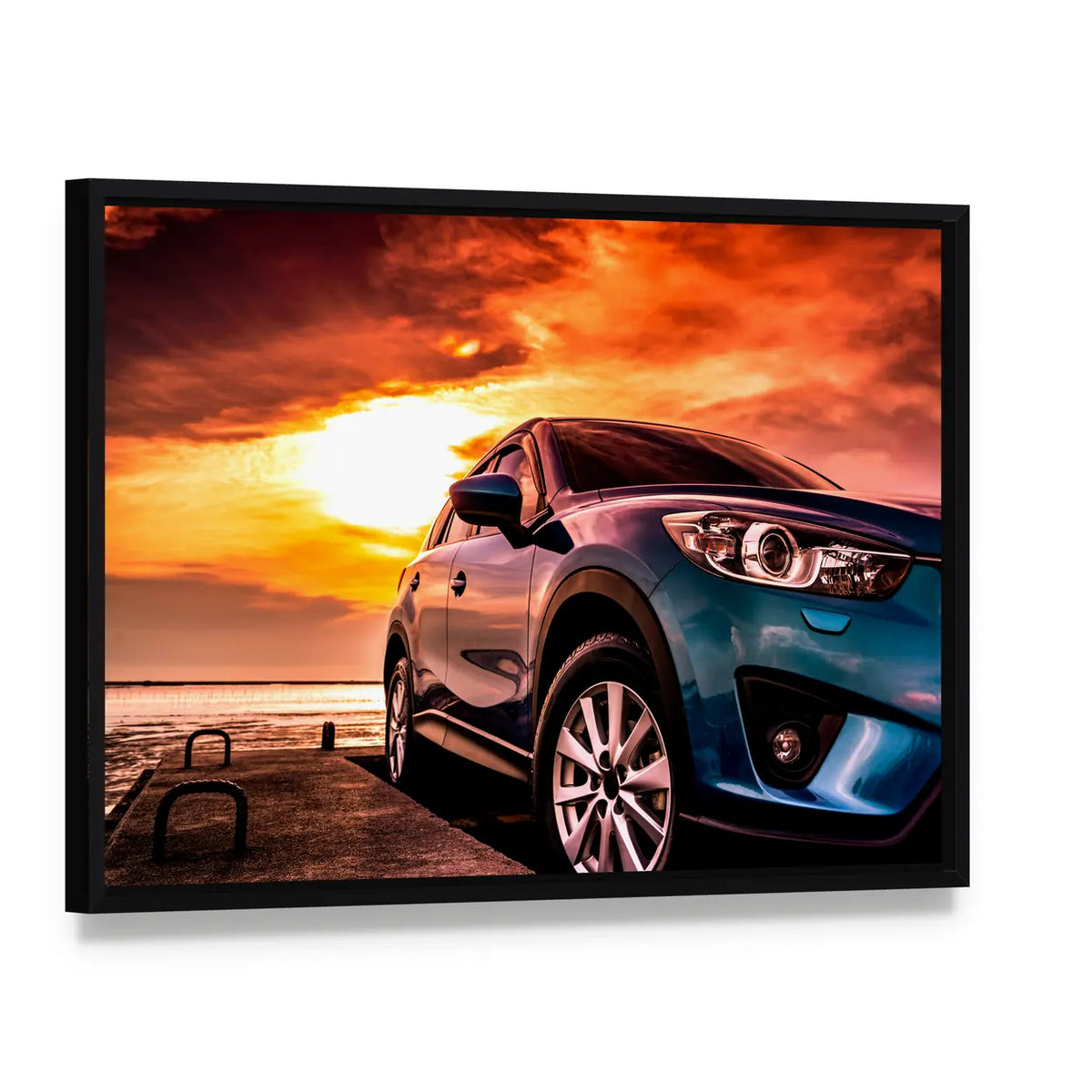 Blue Suv at Coastal Sunset Canvas Wall Art, framed canvas in a black floater frame, angled product view
