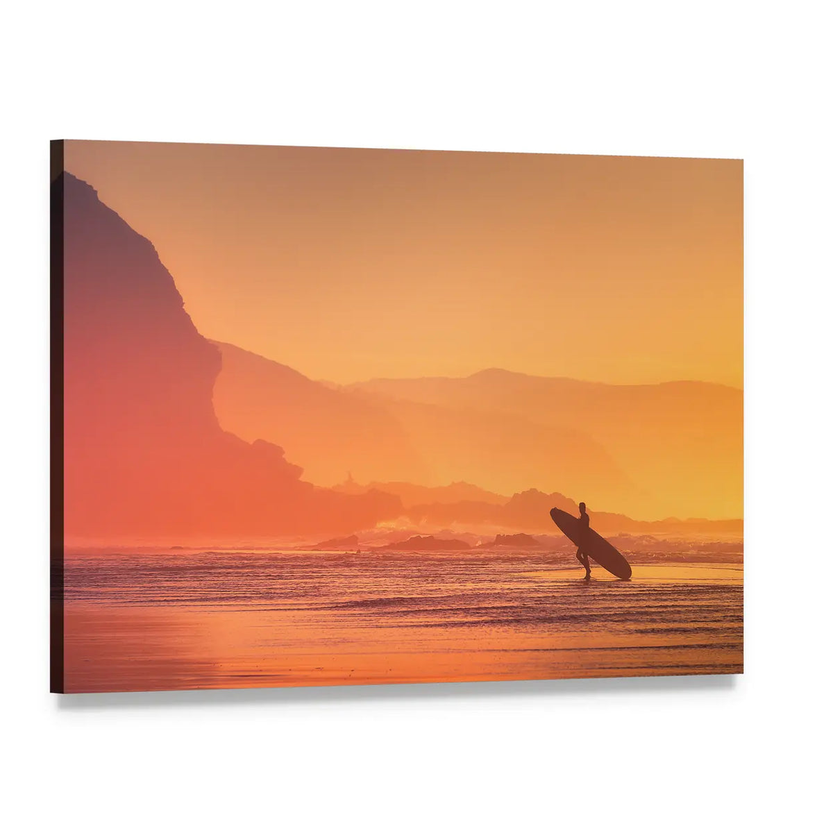 Surfer Silhouette At The Sunset Canvas Wall Art, single panel gallery wrapped canvas, angled product view